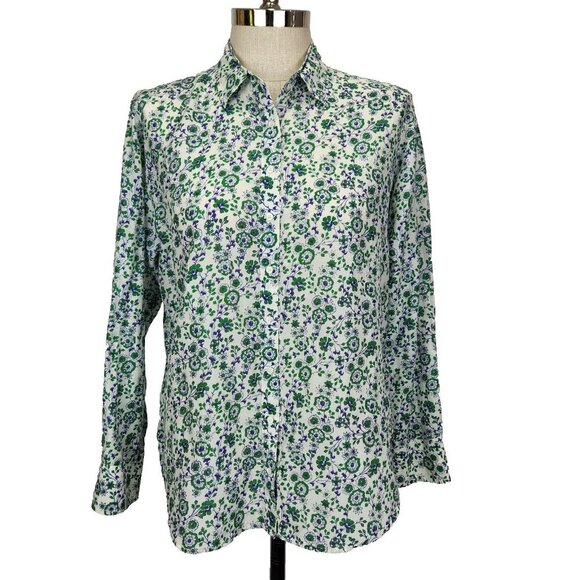 Xirena Floral Blouse S White Green Button Up Lightweight Silk Cotton Blend - Picture 1 of 11
